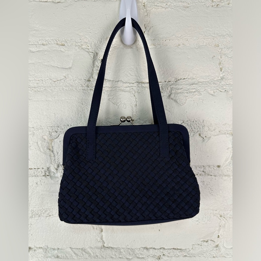 Liz Claiborne Vintage Navy Blue Woven Fabric Handbag With a Silver Tone Clasp - Picture 2 of 12